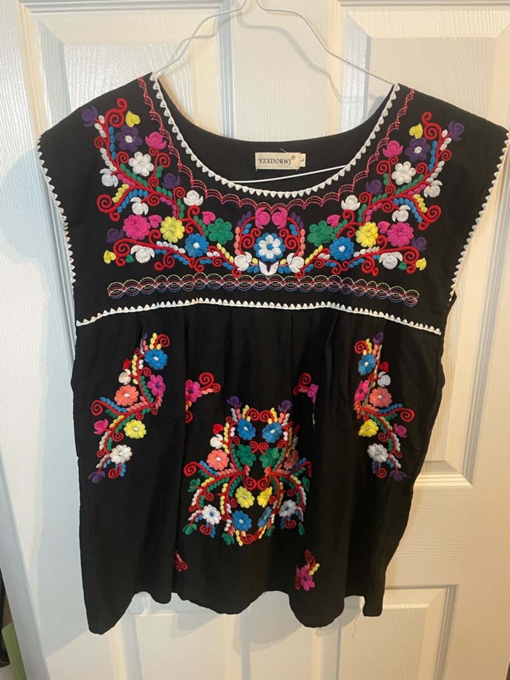 Black Embroidered Floral Peasant Top - Multicolor